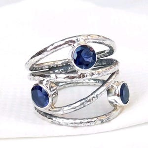 Sapphire Silver Ring Statement - Blue Spiral Wrap Triple Stone Band, Bezel Set Sapphires, 925 Sterling, Boho Accessory