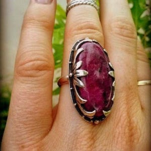 Natural Ruby Ring Floral Engraved, Oval Red Gemstone (925 Sterling Silver, Handmade Boho Style, Womens Sizes)