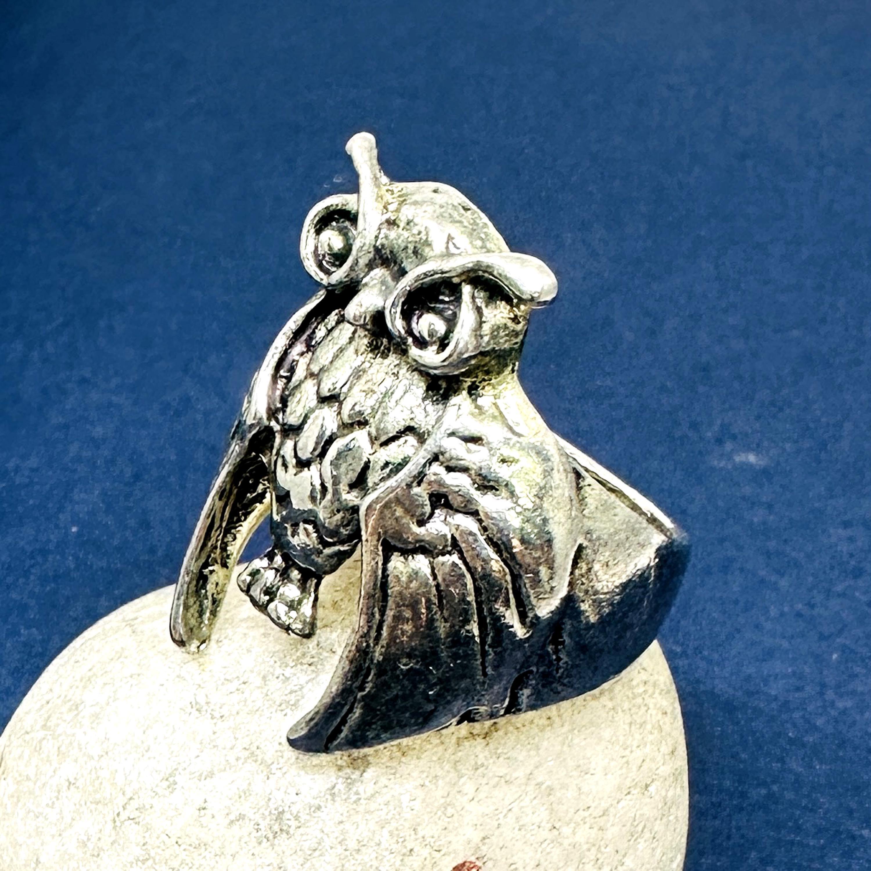 Sterling Silver Owl Ring - Gothic Boho Design, Oxidized Feather Detail - Handmade Artisan Jewelry, U