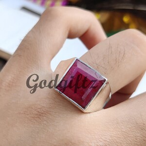 Bague en argent sterling rubis, bijoux tendance : pierre carrée bohème chic, rubis créé en laboratoire (coupe réglable, anneau en argent 925)