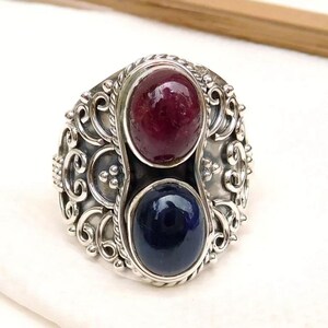 Ruby Ring Sterling Double Gemstone: July & September Birthstones, Minimalist Silver Band (Oval Shape, Comfort Fit)