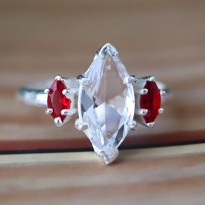 Marquise Ring Three Promise Jewelry, Vintage Minimalist Style (Clear Quartz Center, Lab-Created Ruby, Sterling Silver, Sizes 6-9)