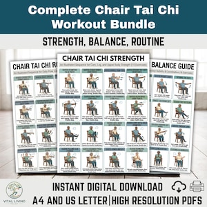 May include: A bundle of printable chair Tai Chi workout guides. The guides include illustrated sequences for strength, balance, and routine. The text includes "Instant Digital Download" and "A4 and US Letter | High Resolution PDFs".