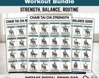 Chair Tai Chi Workout Bundle | Seated Exercise Chart PDF | Senior Fitness Flow, Balance & Strength | Chair Yoga Style | Digital Download