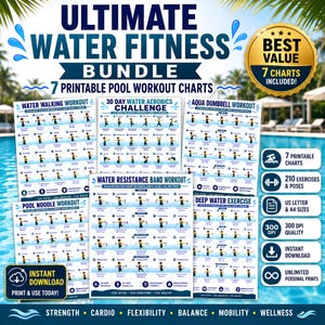 Water Fitness Bundle Printable, 7 Pool Workout Charts PDF, Water Aerobics, Aqua Yoga, Pool Exercise Posters, US Letter & A4