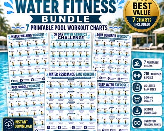 Ensemble de fiches imprimables pour la remise en forme aquatique, 7 tableaux d'entraînement pour piscine (PDF), aquagym, yoga aquatique, affiches d'exercices pour la piscine, formats US Letter et A4