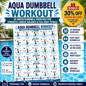 Plantilla imprimible de ejercicios con mancuernas acuáticas, tabla de ejercicios con mancuernas para el agua, entrenamiento de fuerza en la piscina, póster de fitness acuático, PDF en formato Carta y A4 (EE. UU.)