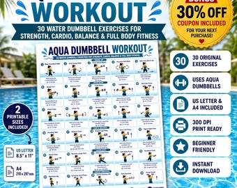 Könnte beinhalten: Ein druckbarer Trainingsleitfaden mit dem Titel Aqua Dumbbell Workout, der 30 Wasserübungen für Kraft und Cardio zeigt. Das Dokument enthält Bewegungsillustrationen, Textanleitungen und zwei Druckformate: A4 und US Letter.