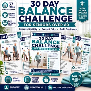 Pode incluir: Um programa de desafio de equilíbrio de 30 dias para idosos acima de 60 anos, com 37 páginas de exercícios diários, rastreador de progresso e foco na prevenção de quedas. O PDF imprimível inclui instruções para exercícios de estabilidade.