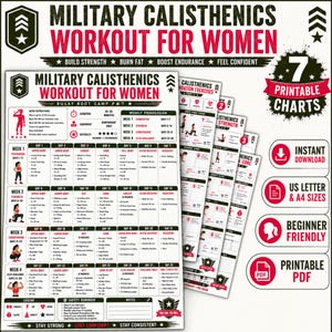 May include: A set of seven printable PDF charts titled Military Calisthenics Workout for Women, featuring a four-week exercise schedule, daily routines, and illustrations of bodyweight movements in black, white, and red on a US letter and A4 layout.