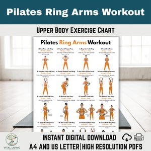 Op de afbeelding: Een witte oefenkaart met de titel "Pilates Ring Arms Workout" met illustraties van oefeningen voor het bovenlichaam. De kaart bevat oefennamen, herhalingen en sets. De tekst "Directe digitale download" is ook zichtbaar.