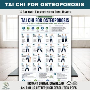Tai Chi for Osteoporosis Printable Poster, 16 Balance Exercises for Bone Health, Fall Prevention Workout for Seniors PDF (Digital Download)