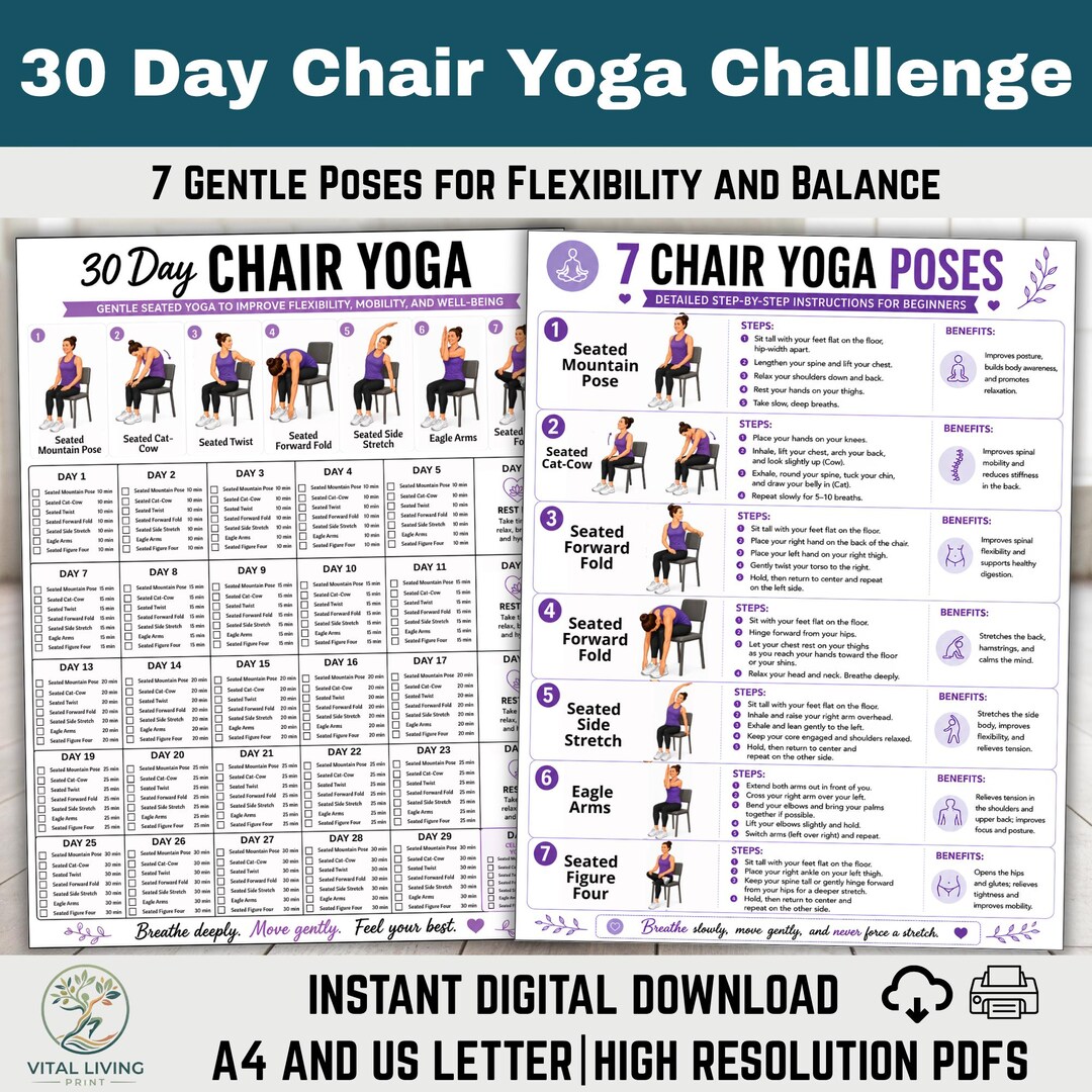 Seated Yoga Routine 30 Day Chair Yoga Challenge Printable, Beginner Seated Yoga Routine PDF ...