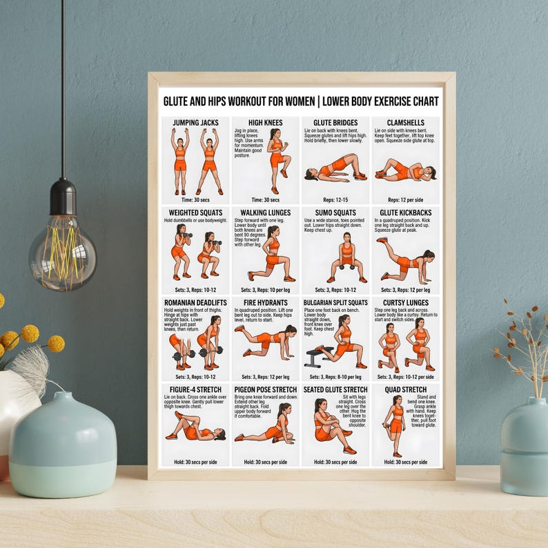 Glute and Hips Workout Chart for Women, Lower Body Exercise Poster ...