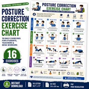 Può includere: Una tabella di esercizi per la correzione della postura con 16 movimenti quotidiani per studenti, insegnanti e impiegati. Il poster bianco include illustrazioni di persone che eseguono stretching, passaggi numerati e consigli in inglese.