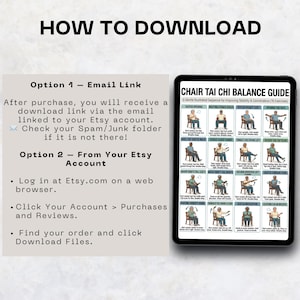 May include: A digital download guide titled "Chair Tai Chi Balance Guide" with 16 exercises for improving stability and coordination. Instructions on how to download the guide are also included, with options for email and Etsy account access.