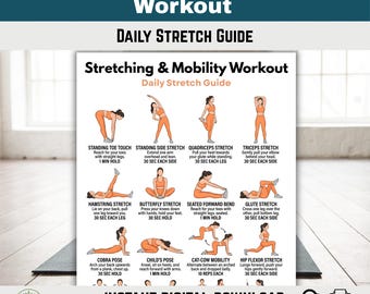 Dehn- & Beweglichkeits-Training Poster, druckbare Flexibilitäts-Routine, tägliche Stretch-Anleitung PDF, Fitnessstudio Wandkunst (digitaler Download)