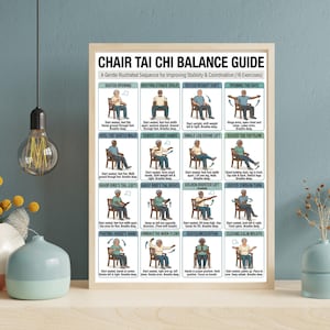 May include: A framed print titled "Chair Tai Chi Balance Guide" with 16 illustrated exercises for improving stability and coordination. The guide features diagrams of seated Tai Chi poses, with instructions. The frame is a light wood color.