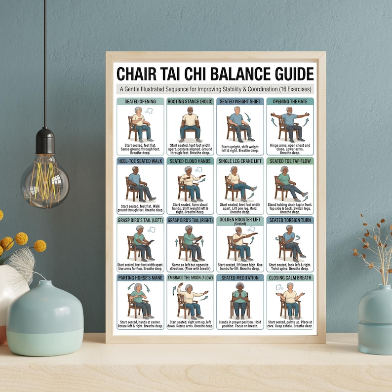 May include: A framed print titled "Chair Tai Chi Balance Guide" with 16 illustrated exercises for improving stability and coordination. The guide features diagrams of seated Tai Chi poses, with instructions. The frame is a light wood color.