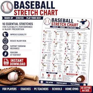 Op de afbeelding: Een baseball-stretchkaartposter met 16 geïllustreerde oefeningen voor flexibiliteit en blessurepreventie. De witte kaart bevat rode en blauwe tekst, een honkbalafbeelding en instructies voor spelers, coaches en scholen.