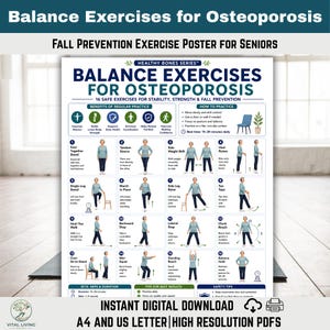 Balance Exercises for Osteoporosis Chart | Fall Prevention Exercise Poster for Seniors | Stability Training Printable PDF (Digital Download)