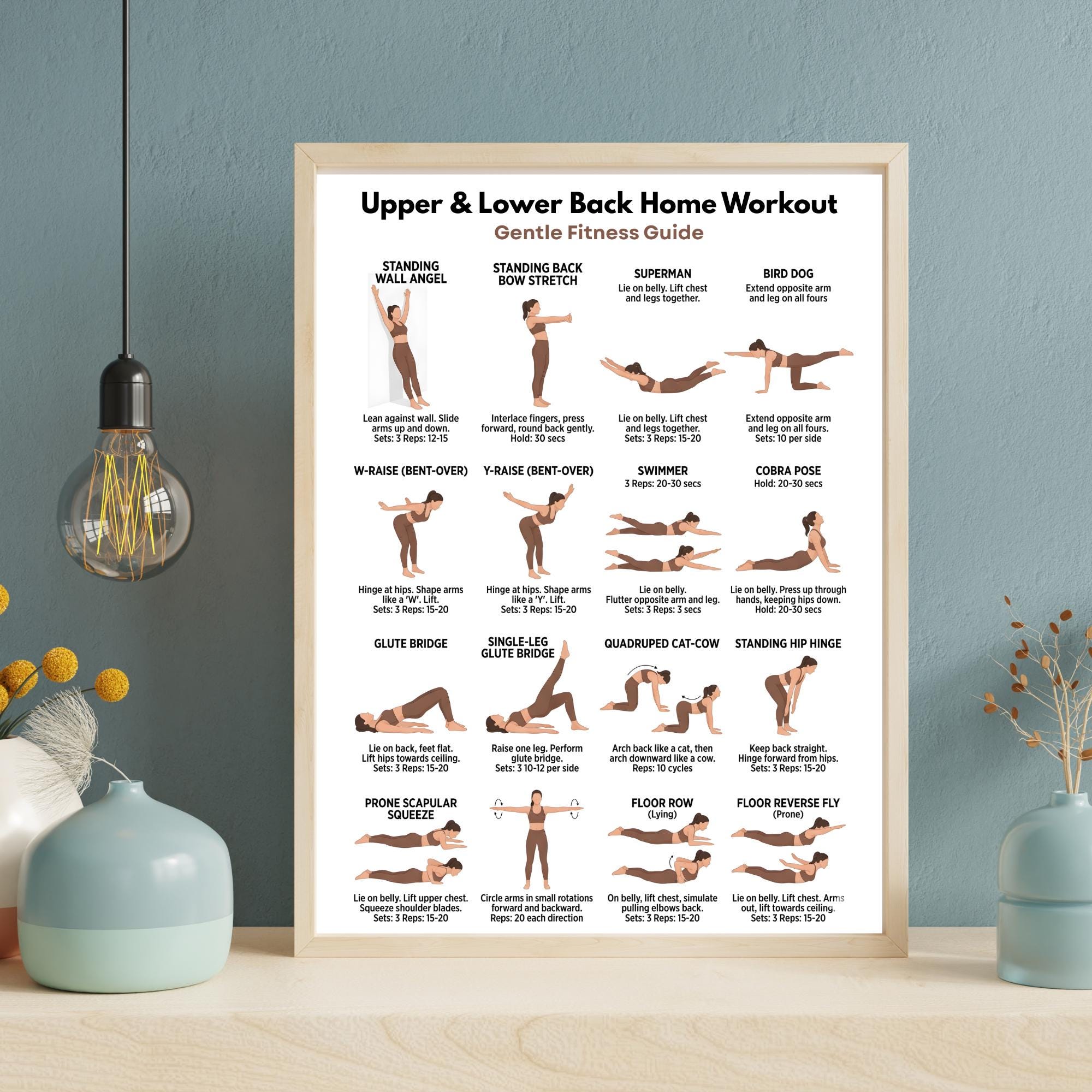 Back Exercise Poster | Upper & Lower Back Home Workout Chart | Gentle ...