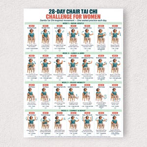 May include: A 28-day chair Tai Chi challenge poster featuring a grid of daily exercise instructions. Each day includes a numbered box with a graphic of a person in a chair performing specific movements, accompanied by descriptive text and checkboxes.