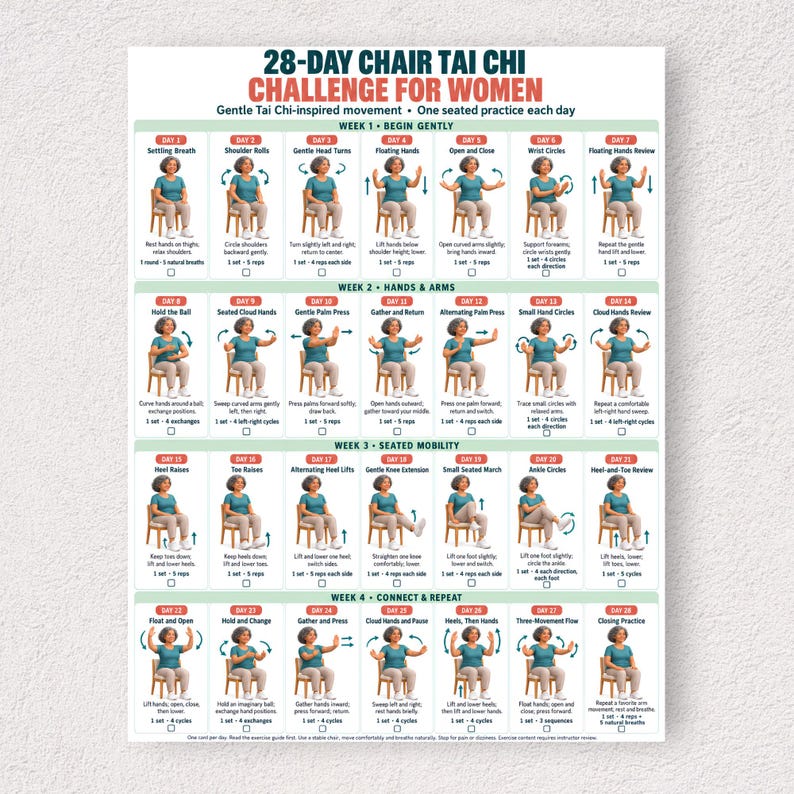 May include: A 28-day chair Tai Chi challenge poster featuring a grid of daily exercise instructions. Each day includes a numbered box with a graphic of a person in a chair performing specific movements, accompanied by descriptive text and checkboxes.