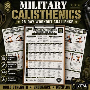 Plan de entrenamiento de calistenia militar para hombres (PDF imprimible) / Reto de entrenamiento militar de 28 días / Tabla de entrenamiento con peso corporal / Planificador de entrenamiento físico del ejército