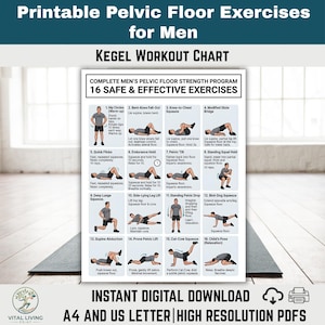 Pode incluir: Um gráfico imprimível de exercícios de Kegel para homens, com 16 exercícios seguros e eficazes. O gráfico inclui ilustrações e instruções para cada exercício, como círculos de quadril, compressões de joelho a peito e inclinações pélvicas. O texto diz "Download digital instantâneo, A4 e US Letter, PDFs de alta resolução."