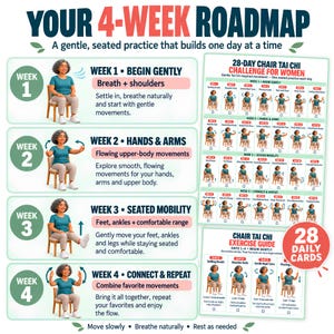 May include: A 4-week roadmap infographic for a seated Tai Chi challenge. It features four weekly sections with illustrations of a person in a teal shirt and gray pants on a chair, demonstrating movements, plus a 28-day challenge chart and exercise guide.