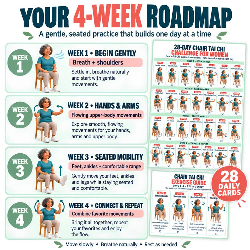 May include: A 4-week roadmap infographic for a seated Tai Chi challenge. It features four weekly sections with illustrations of a person in a teal shirt and gray pants on a chair, demonstrating movements, plus a 28-day challenge chart and exercise guide.