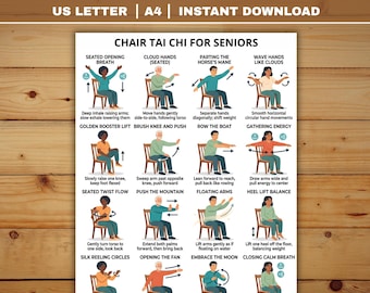 Chair Tai Chi for Seniors Printable Poster, Seated Exercise Chart PDF, Gentle Balance Home Workout for Older Adults, Mobility Gym Wall Art