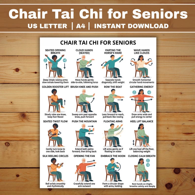 Chair Tai Chi for Seniors Printable Poster, Seated Exercise Chart PDF
