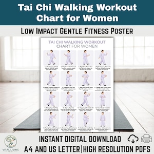 May include: A white poster with the title "Tai Chi Walking Workout Chart for Women" and illustrations of Tai Chi steps. The poster includes the text "Low Impact Gentle Fitness Poster" and "Instant Digital Download".