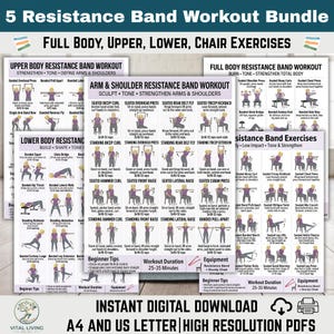 May include: A digital download bundle of 5 resistance band workout guides. The guides include exercises for the full body, upper body, lower body, and chair exercises. Each guide features illustrated exercises with beginner tips and workout duration information.
