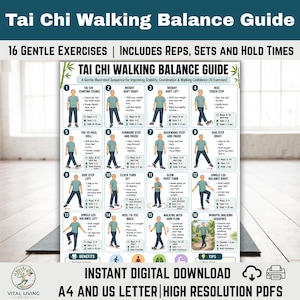 Op de afbeelding: Een Tai Chi Walking Balance Guide poster met 16 zachte oefeningen. De poster bevat illustraties van elke oefening met instructies voor herhalingen, sets en holdtijden. De tekst luidt "Instant Digital Download" en "A4 en US Letter | High Resolution PDFs".
