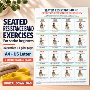 May include: A white instructional poster titled Seated Resistance-Band Exercises for Senior Beginners, featuring 16 illustrated movements with text instructions, accompanied by a yellow resistance band and a folded beige towel.