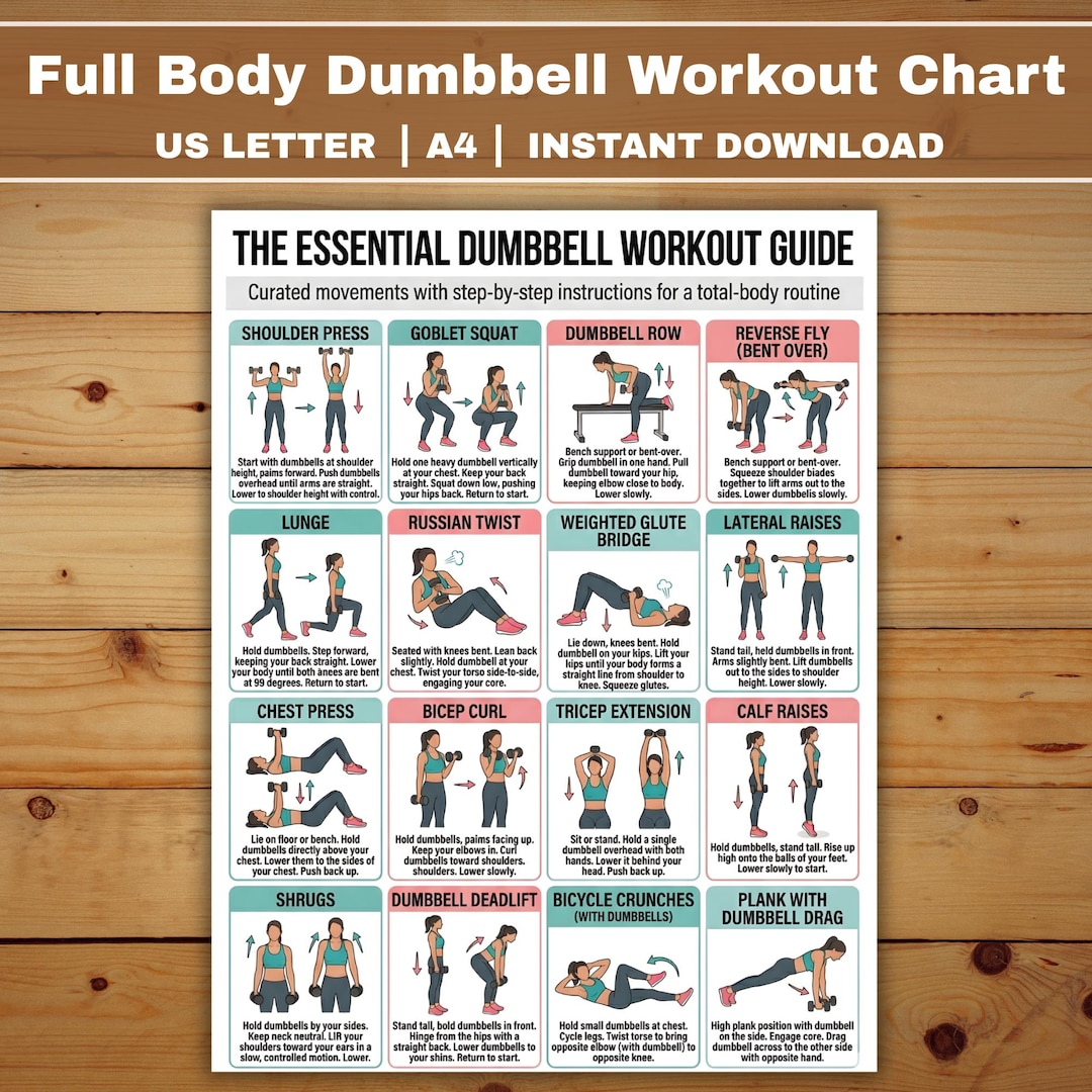 Full Body Dumbbell Workout Chart, Strength Training Routine (PDF ...