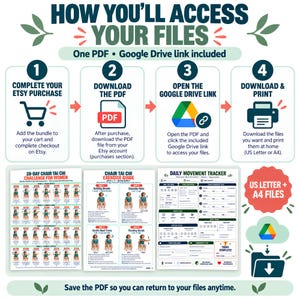 May include: An instructional graphic titled HOW YOU'LL ACCESS YOUR FILES detailing a four-step process for downloading digital content. It includes a 28-day chair tai chi challenge, an exercise guide, and a daily movement tracker in US Letter and A4 sizes.