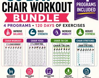 30 Day Chair Exercise Bundle Printable and Interactive PDF | Chair Workout, Yoga, Stretches & Tai Chi for Seniors, Seated Exercise Program