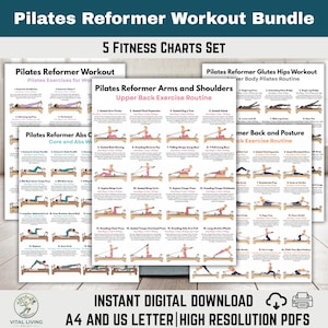 Utskrivbart Pilates Reformer-träningspaket | Set med 5 träningsdiagram | Magmuskler, core, sätesmuskler, armar, ryggövningar | Väggkonst för hemmagym | Digital nedladdning