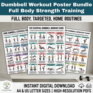 Könnte beinhalten: Ein Bundle aus drei Trainingspostern mit Hantelübungen. Die Poster zeigen Schritt-für-Schritt-Anleitungen für das Ganzkörper-Krafttraining, einschließlich Übungen für verschiedene Muskelgruppen. Text enthält "Dumbbell Workout Poster Bundle" und "Instant Digital Download".