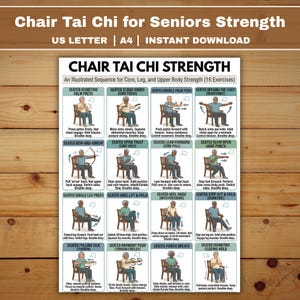 May include: A poster titled "Chair Tai Chi for Seniors Strength" with 16 illustrated exercises for core, leg, and upper body strength. The poster is designed for seniors and is available as an instant download.