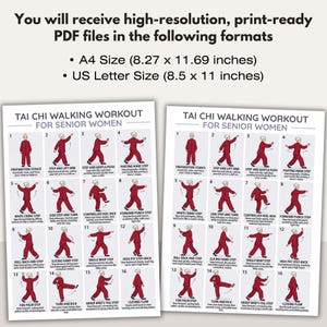 May include: Printable Tai Chi walking workout for senior women. The poster includes 16 illustrated steps with instructions. Available in A4 size (8.27 x 11.69 inches) and US Letter size (8.5 x 11 inches) PDF formats.