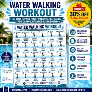 Water Walking Workout Printable, Pool Walking Exercise Chart, Aqua Fitness Poster, Low Impact Pool Workout, US Letter & A4 PDF