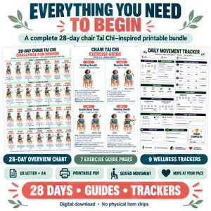 May include: A printable 28-day chair Tai Chi bundle featuring an overview chart, exercise guide pages, and daily movement trackers. The documents include illustrated instructions for seated movements, wellness logs, and progress checklists.