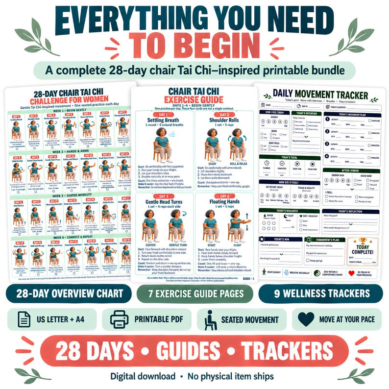 May include: A printable 28-day chair Tai Chi bundle featuring an overview chart, exercise guide pages, and daily movement trackers. The documents include illustrated instructions for seated movements, wellness logs, and progress checklists.