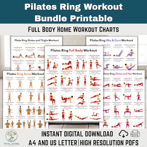 Utskrivbart Pilatesringträningspaket, Pilatescirkelövningsaffischer PDF, Diagram för helkroppsträning hemma, Pilates väggkonst för sätesmuskler, armar, mage