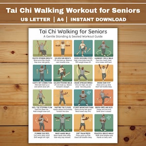 May include: A printable guide for Tai Chi Walking Workout for Seniors. The guide features illustrated instructions for various exercises, including Seated Opening Breath, Golden Sun Breath, and River Crossing Steps. The text is in a clear, easy-to-read format, with each step described in detail.